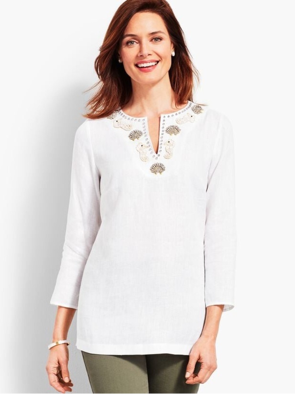 Talbots BEADED TUNIC-SEASHELL SEAHORSE 100% linen size medium